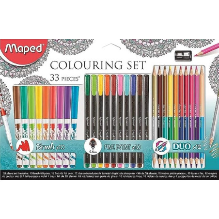 Maped 897417 33 pièces Kit de coloriage Y Compris Brosse, pointes Feutre Fineliner stylos, crayons de couleur et taille-crayon e