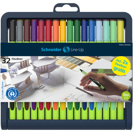 Schneider Line-Up Stylos Feutre (0,4 mm, Boîtier en Plastique Biobased) Etui Chevalet avec 32 Pièces, Couleurs Assorties