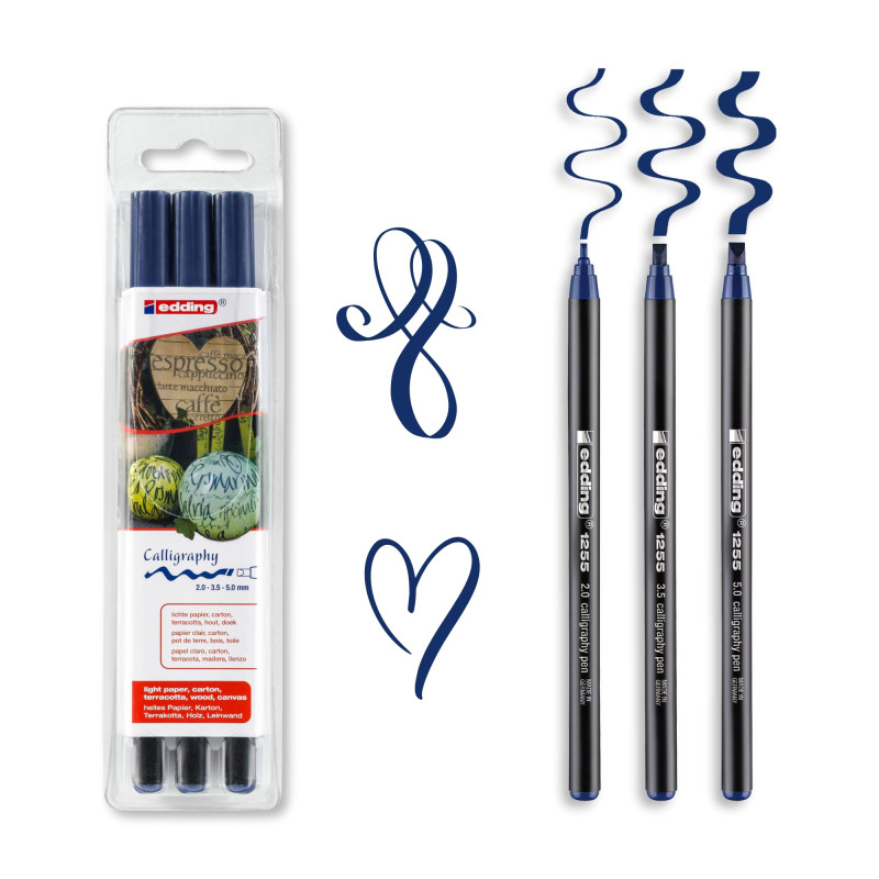 edding 1255 feutre calligraphie - bleu acier - 3 stylos - pointe calligraphique 2 mm - feutre pour papier, bois, terre cuite, to