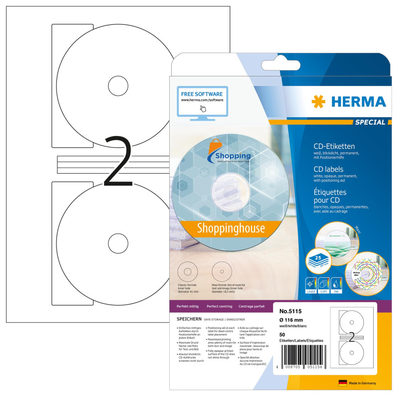 Herma 5115 Étiquettes Maxi pour CD diamètre 116 A4 50 pièces Blanc