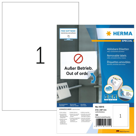 Herma 10315 Étiquettes movables/amovibles 210 x 297 A4 100 pièces Blanc