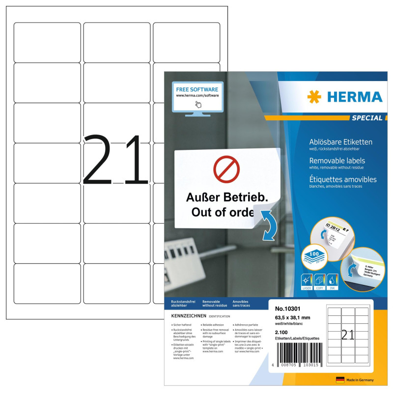 Herma 10301 Étiquettes movables/amovibles 63,5 x 38,1 A4 2100 pièces Blanc Herma 10301 Étiquettes movables/amovibles 63,5 x 38,1 A4 2100 pièces Blanc