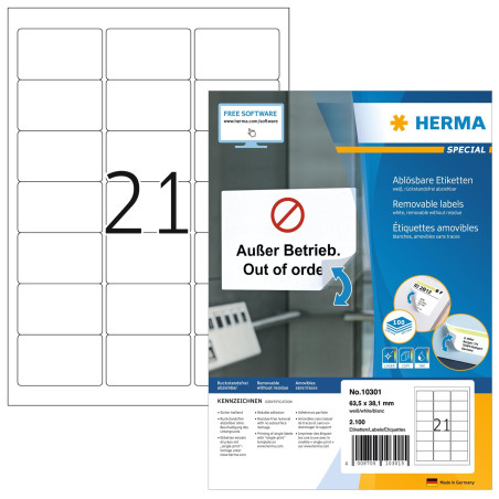 Herma 10301 Étiquettes movables/amovibles 63,5 x 38,1 A4 2100 pièces Blanc