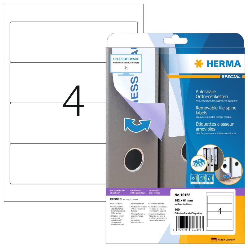 Herma 10165 Étiquettes classeur movables/amovibles 192 x 61 A4 100 pièces Blanc Herma 10165 Étiquettes classeur movables/amovibles 192 x 61 A4 100 pièces Blanc