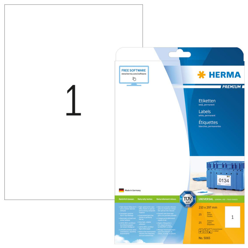 Herma 5065 Étiquettes 210 x 297 Premium A4 25 pièces Blanc