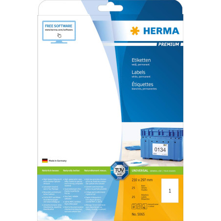 Herma 5065 Étiquettes 210 x 297 Premium A4 25 pièces Blanc