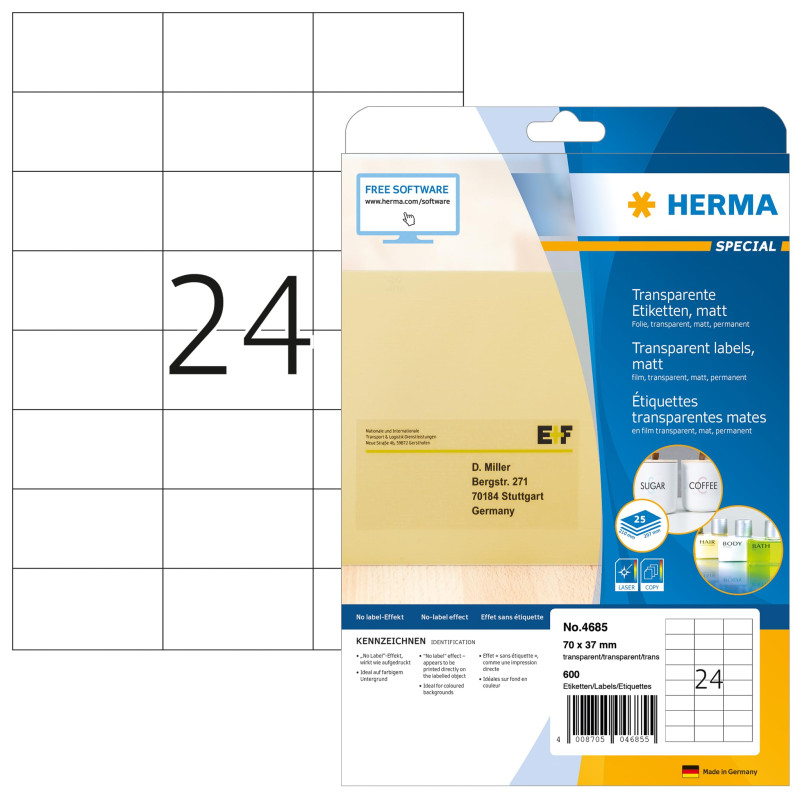Herma 4685 étiquettes en plastique A4 70 x 37 mm 600 pièces Transparent