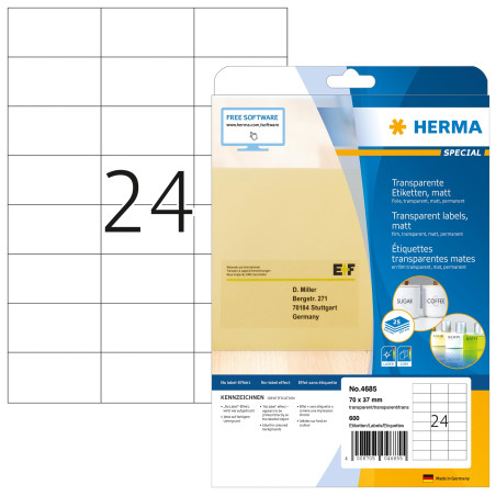 Herma 4685 étiquettes en plastique A4 70 x 37 mm 600 pièces Transparent