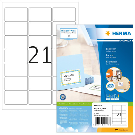 Herma 4677 Étiquettes d'adresse 63,5 x 38,1 Premium A4 2100 pièces Blanc
