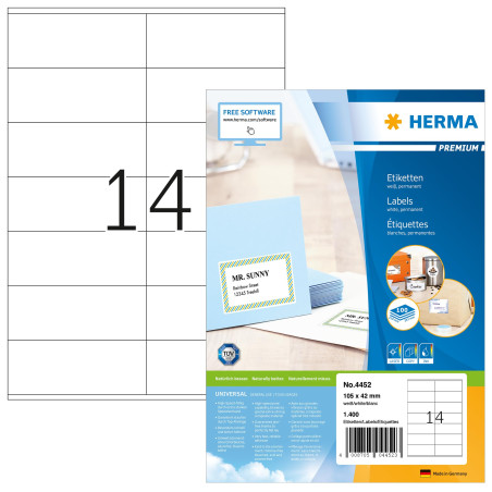 Herma 4452 Étiquettes 105 x 42 Premium A4 1400 pièces Blanc