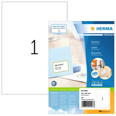 Herma 4428 Étiquettes 210 x 297 Premium A4 100 pièces Blanc