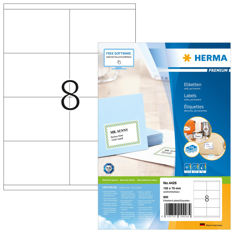 Herma 4426 Étiquettes 105 x 70 Premium A4 800 pièces Blanc Herma 4426 Étiquettes 105 x 70 Premium A4 800 pièces Blanc