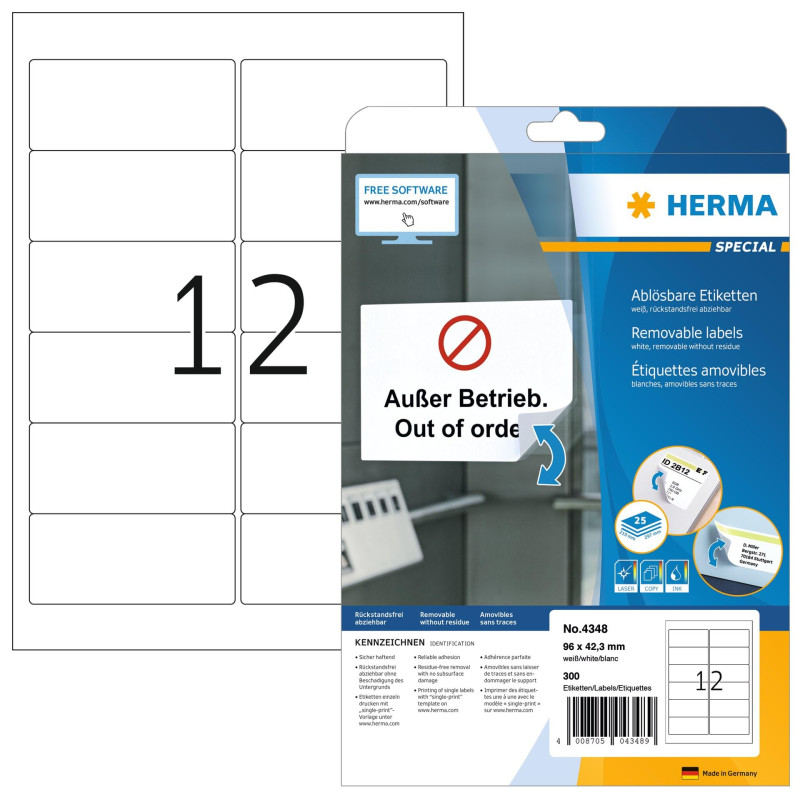 Herma 4348 Étiquettes movables/amovibles 96 x 42,3 A4 Blanc Herma 4348 Étiquettes movables/amovibles 96 x 42,3 A4 Blanc