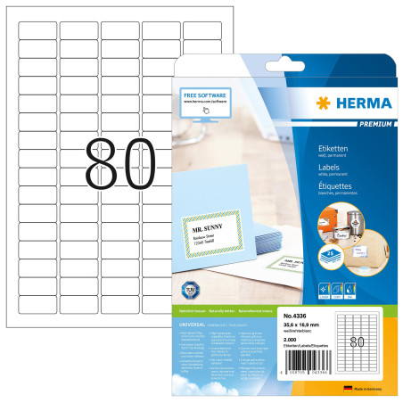 Herma 4336 Étiquettes 35,6 x 16,9 Premium A4 2000 pièces Blanc