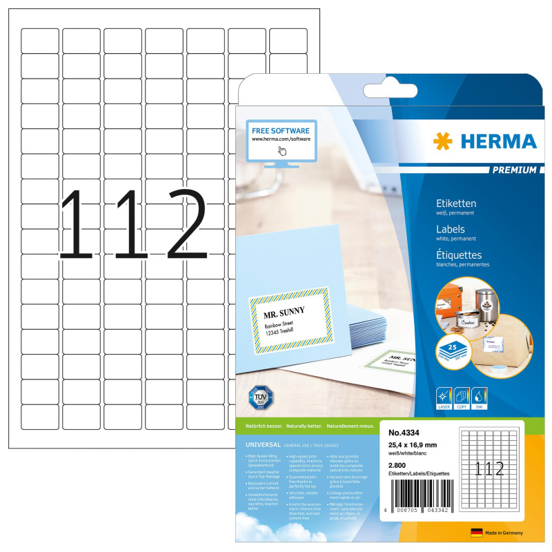 Herma 4334 Étiquettes 25,4 x 16,9 Premium A4 2800 pièces Blanc
