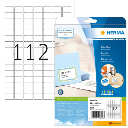Herma 4334 Étiquettes 25,4 x 16,9 Premium A4 2800 pièces Blanc