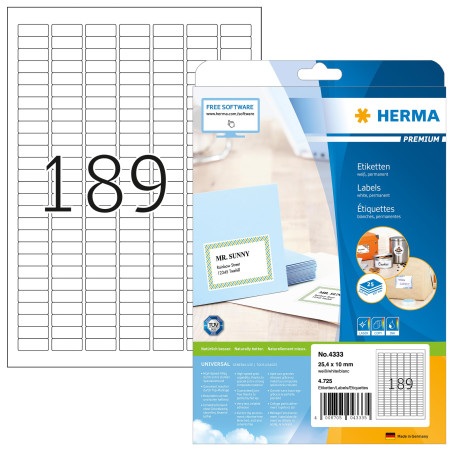 Herma 4333 Étiquettes 25,4 x 10 Premium A4 4725 pièces Blanc