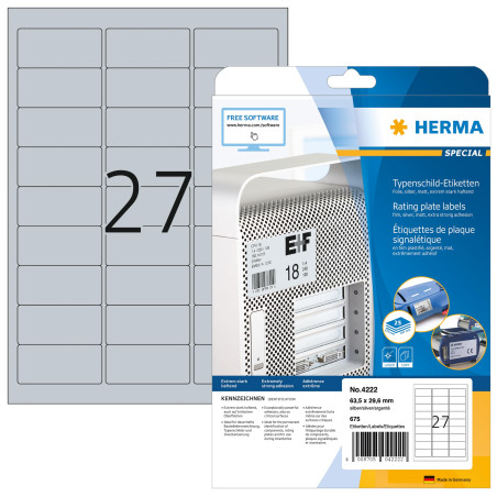 Herma 4222 Étiquettes signalétiques plaques 63,5 x 29,6 A4 LC Argenté