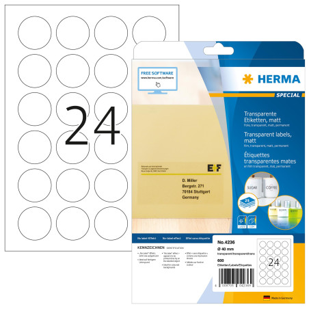 Herma 4236 Étiquettes de fermeture diamètre 40 A4 LC Transparent