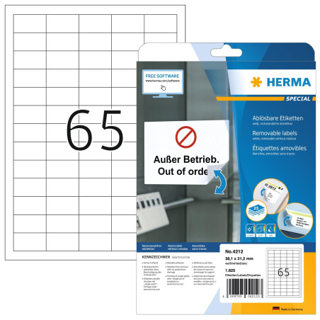 Herma 4212 Étiquettes movables/amovibles 38,1 x 21,2 A4 Blanc