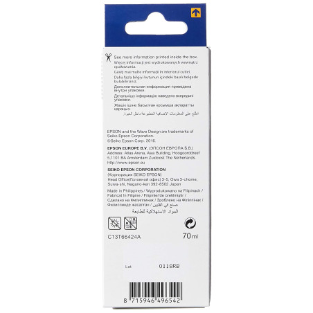 Epson 664 EcoTank Cyan, Bouteille d'encre d'origine, L300 L355 L555 ET-2500 ET-2550 ET-2600 ET-2650 ET-4500 ET-14000 ET-3600 ET-