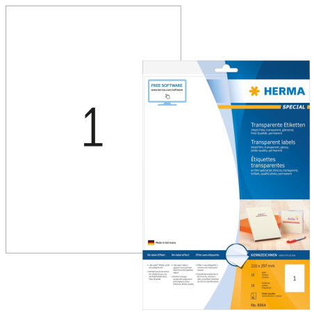 Herma 8964 Étiquettes jet d'encre en plastique 210 x 297 A4 10 pièces Transparent