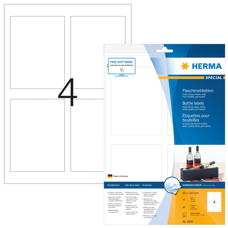 Herma 8882 Étiquettes de bouteilles brillant 90 x 120 A4 jet d'encre 40 pièces Blanc Herma 8882 Étiquettes de bouteilles brillant 90 x 120 A4 jet d'encre 40 pièces Blanc