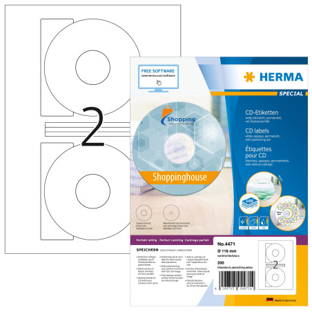 Herma 4471 Étiquettes de CD diamètre 116 A4 200 pièces Blanc