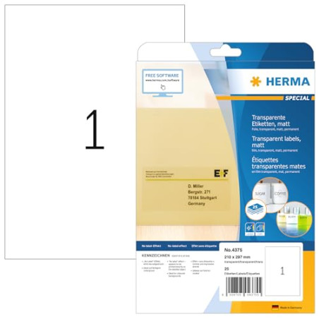 Herma 4375 étiquettes en plastique 210 x 297 mm 25 pièces Transparent