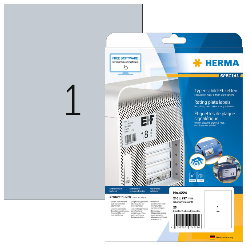 Herma 4224 Étiquettes signalétiques plaques 210 x 297 A4 LC Argenté Herma 4224 Étiquettes signalétiques plaques 210 x 297 A4 LC Argenté