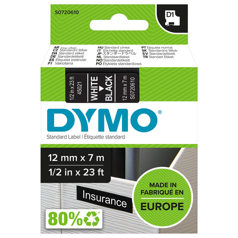 DYMO D1 étiquettes autocollantes authentiques | impression en blanc sur fond noir | 12 mm x 7 m | pour étiqueteuses LabelManager DYMO D1 étiquettes autocollantes authentiques | impression en blanc sur fond noir | 12 mm x 7 m | pour étiqueteuses LabelManager