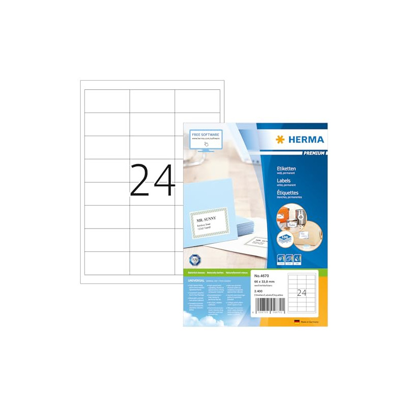 Herma 4670 Étiquettes 66 x 33,8 Premium A4 2400 pièces Blanc Herma 4670 Étiquettes 66 x 33,8 Premium A4 2400 pièces Blanc