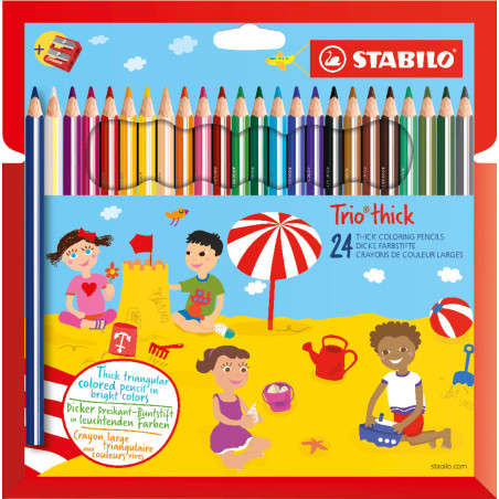 STABILO Trio - Crayon de couleur - Étui carton x 24 crayons de coloriage triangulaires + taille-crayon