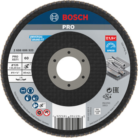 Bosch 1x Plateau à lamelles PRO Metal X571, version bombée sur fibres (pour Acier, Acier inoxydable, Ø 125 mm, Grain 60, Profess