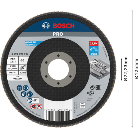Bosch 1x Plateau à lamelles PRO Metal X571, version bombée sur fibres (pour Acier, Acier inoxydable, Ø 125 mm, Grain 60, Profess