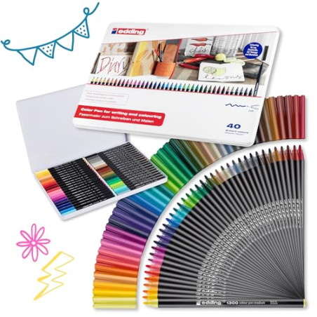 edding 1300 feutre de coloriage fin pointe moyenne - multicolore - 40 stylos - pointe ronde 2 mm - pour dessiner et écrire - pou