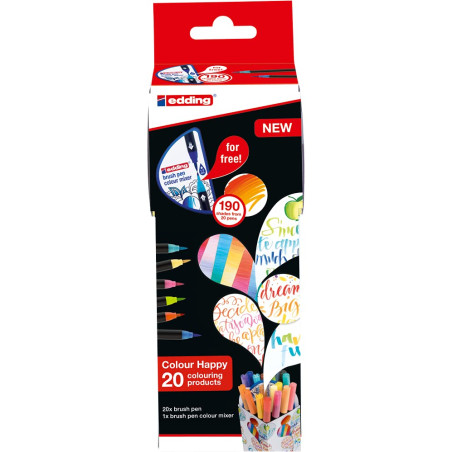 edding Colour Happy coffret - étui de 20 +1 mélangeur couleur dégradé - colorées, lumineuses et délicates - pointe de pinceau fl