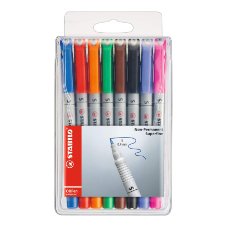 STABILO OHPen - Marqueur - Pochette x 8 stylos marqueurs (encre non-permanente/pointe superfine 0,4mm)