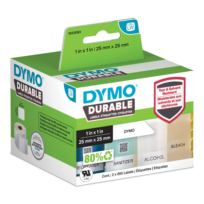 DYMO Étiquettes Industrielles Durables pour Imprimantes à Étiquettes LabelWriter, Blanc, 25 x 25 mm, 2 Rouleaux de 850 DYMO Étiquettes Industrielles Durables pour Imprimantes à Étiquettes LabelWriter, Blanc, 25 x 25 mm, 2 Rouleaux de 850