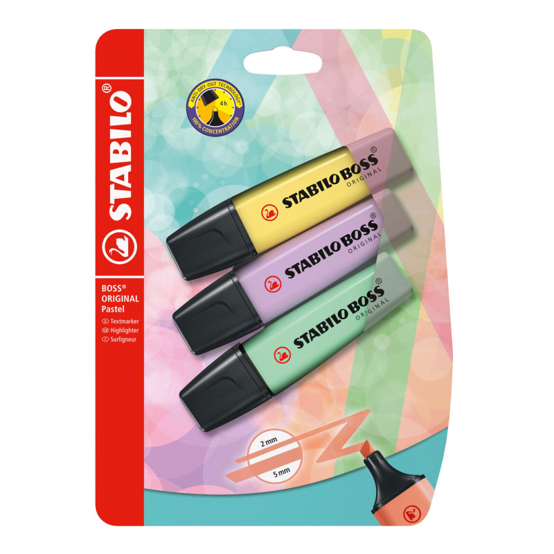 STABILO BOSS ORIGINAL Pastel - Surligneur - blister x 3 surligneurs pastel - jaune + lilas + menthe STABILO BOSS ORIGINAL Pastel - Surligneur - blister x 3 surligneurs pastel - jaune + lilas + menthe