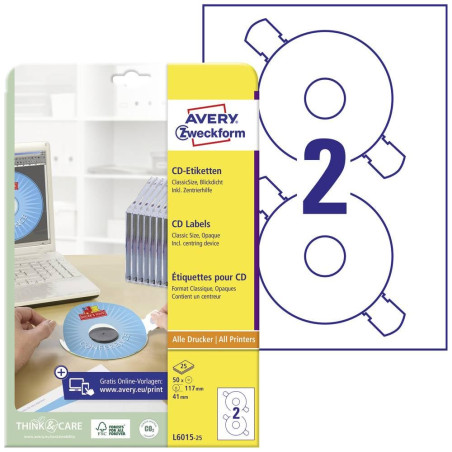 Avery Zweckform L6015-25 Étiquettes CD Taille standard ø 117 mm Étiquette opaque pour archivage etc. Languettes de positionnemen