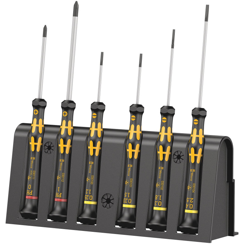 Wera 05030170001 1578 A/6 Jeu de tournevis électronicien + Rack, 6 pièces, Noir/jaune Wera 05030170001 1578 A/6 Jeu de tournevis électronicien + Rack, 6 pièces, Noir/jaune