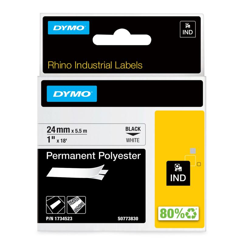 DYMO Rhino étiquettes industrielles autocollantes en polyester | 24 mm x 3,5 m | impression en noir sur fond blanc