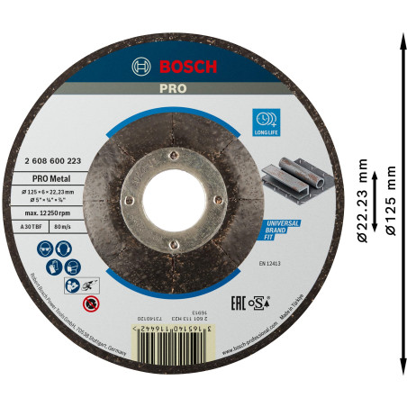 Bosch 1x Disque abrasif PRO Metal Longlife pour petite meuleuse angulaire et alésage 22,23 mm (pour Acier, Ø 125 mm, Professiona