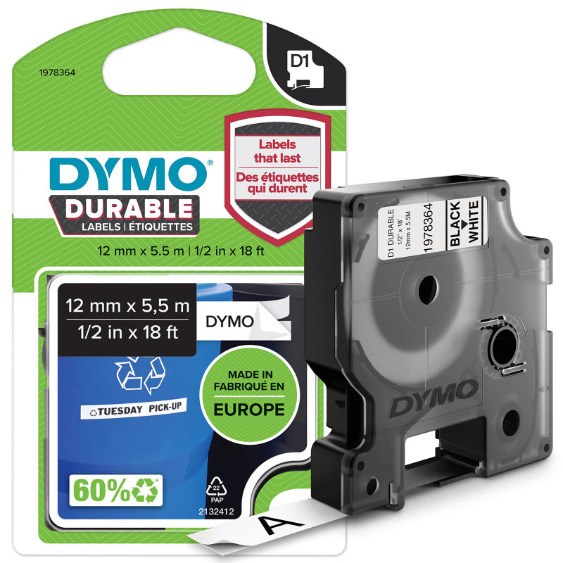 DYMO D1 Étiquettes résistantes | 12mm x 5,5m | impression en noir sur fond blanc | autocollantes étiquettes authentiques pour ét DYMO D1 Étiquettes résistantes | 12mm x 5,5m | impression en noir sur fond blanc | autocollantes étiquettes authentiques pour ét