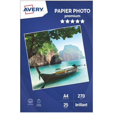 Avery Papier A4 270/m² Brillant - 25 Feuilles - Papier Photo A4 Brillant- Jet d'Encre, Séchage Instantané, FSC Certifié, Couleur