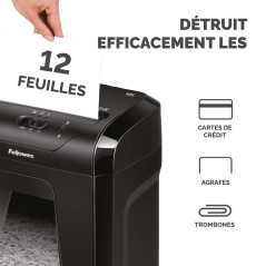 Fellowes Destructeur de Document 12C, destructeur de Papier avec agrafes et Carte de crédit, Coupe croisée, Verrouillage de sécu
