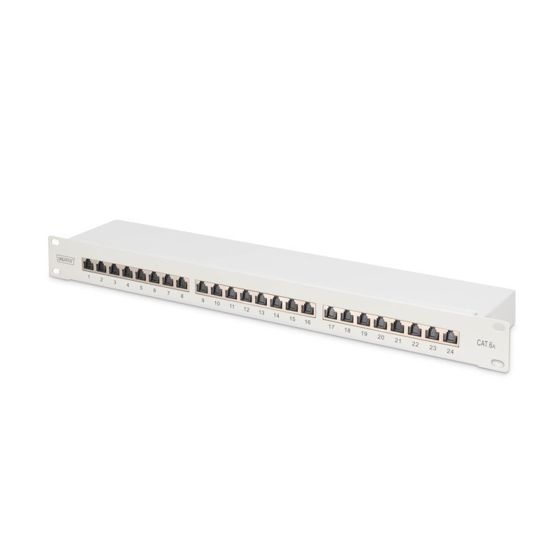 DIGITUS Panneau de brassage - 19 pouces - Cat-6A - 24 ports RJ45 - Blindé - Panneau de brassage LSA - Montage en rack 1U - Gris DIGITUS Panneau de brassage - 19 pouces - Cat-6A - 24 ports RJ45 - Blindé - Panneau de brassage LSA - Montage en rack 1U - Gris