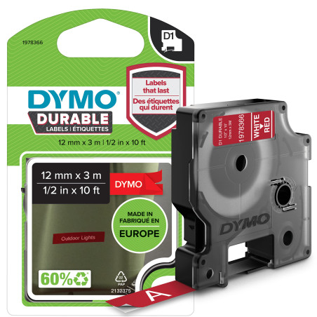 DYMO D1 Étiquettes résistantes | 12mm x 3m | impression en blanc sur fond rouge | autocollantes étiquettes authentiques pour éti