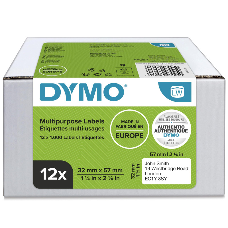 DYMO Authentic LW étiquettes autocollantes polyvalentes, 32 mm x 57 mm, 12 rouleaux de 1 000 étiquettes faciles à décoller (12 0
